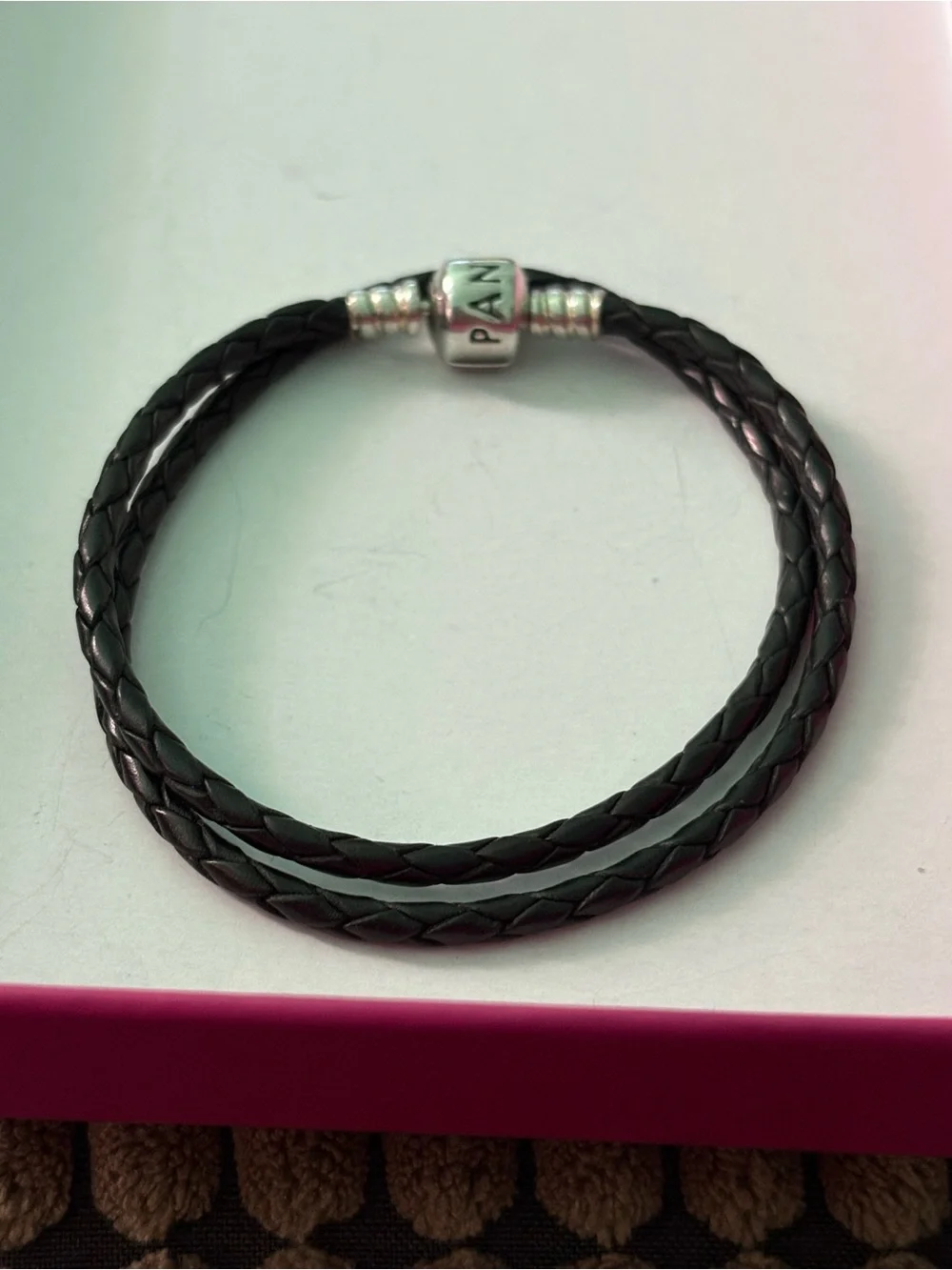 Pandora Black Braided Double-Wrap Leather Bracelet with Silver Clasp